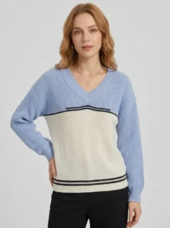 Pull en maille color block à col V ourlet rayé fentes latérales manches longues