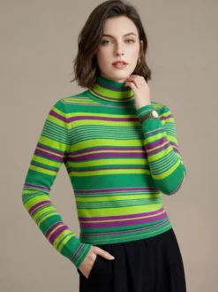 Pull en maille à col roulé rayé de couleur manches longues coupe ajustée style décontracté pour femme