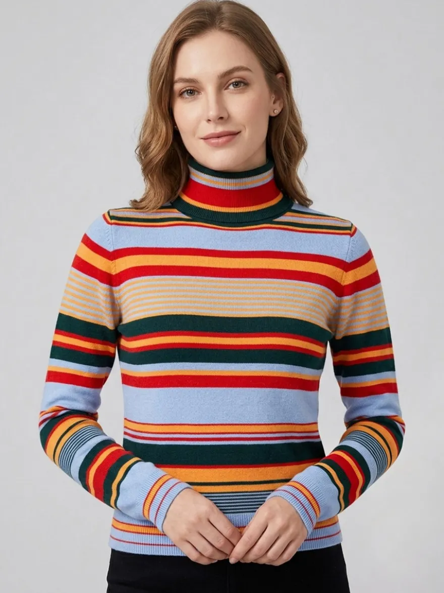 Pull en maille à col roulé rayé de couleur manches longues coupe ajustée style décontracté pour femme