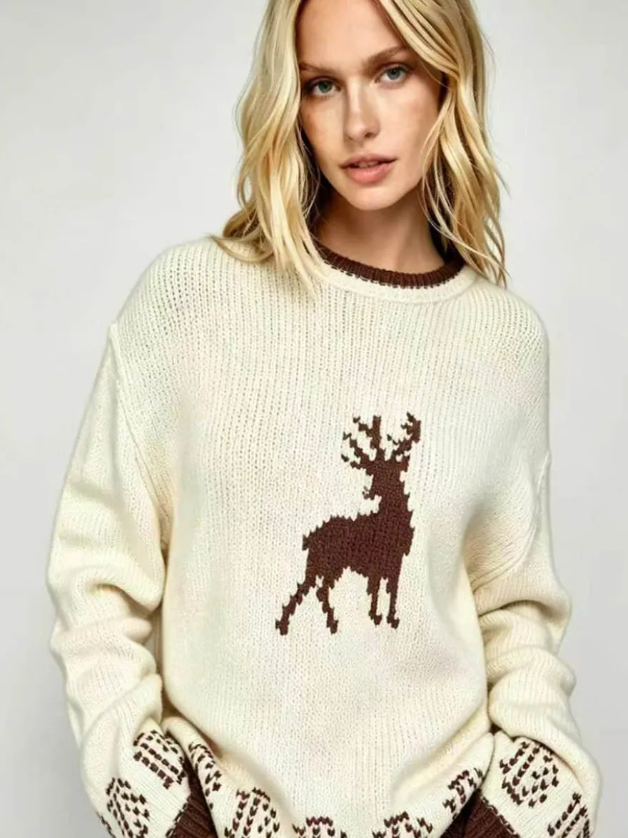 Pull en maille à motif renne pour femme col rond poignets bicolores manches longues coupe ample idéal pour Noël