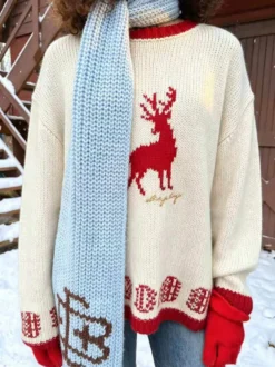 Pull en maille à motif renne pour femme col rond poignets bicolores manches longues coupe ample idéal pour Noël