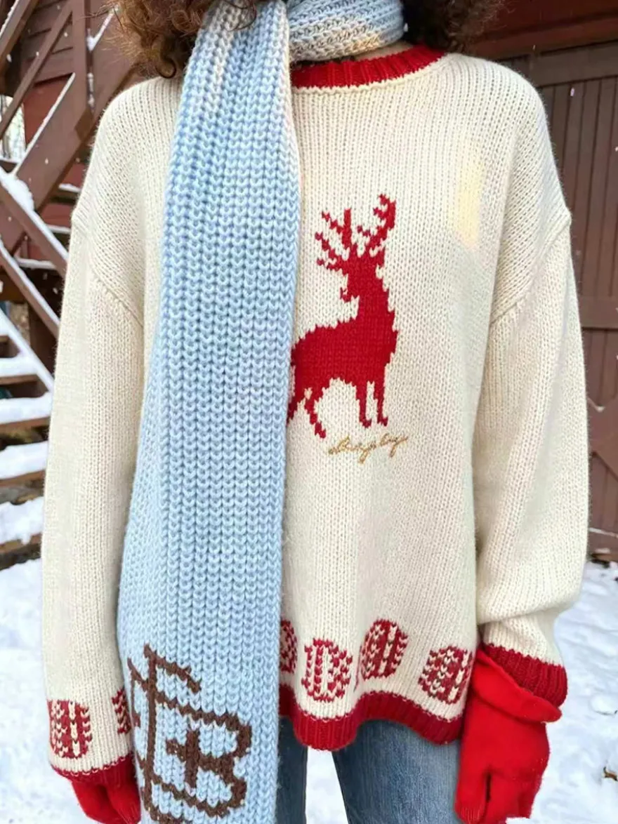 Pull en maille à motif renne pour femme col rond poignets bicolores manches longues coupe ample idéal pour Noël