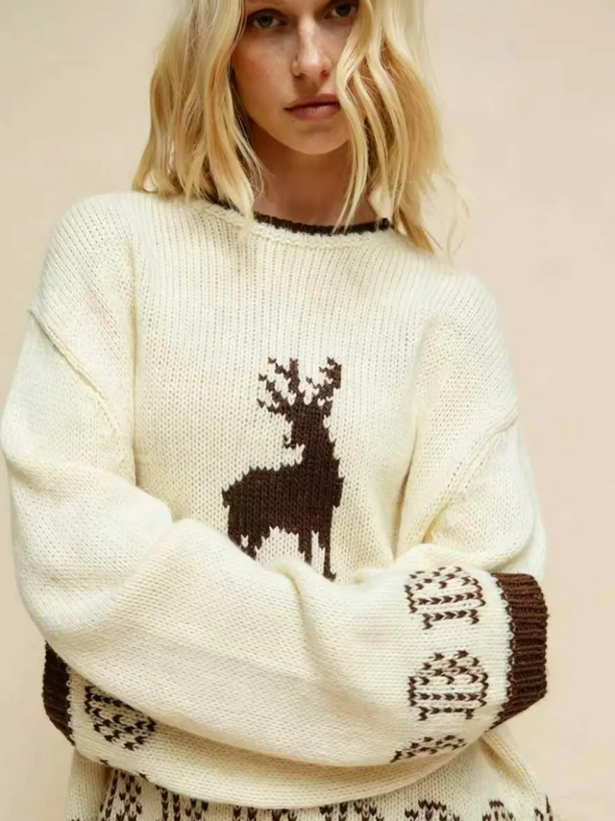 Pull en maille à motif renne pour femme col rond poignets bicolores manches longues coupe ample idéal pour Noël