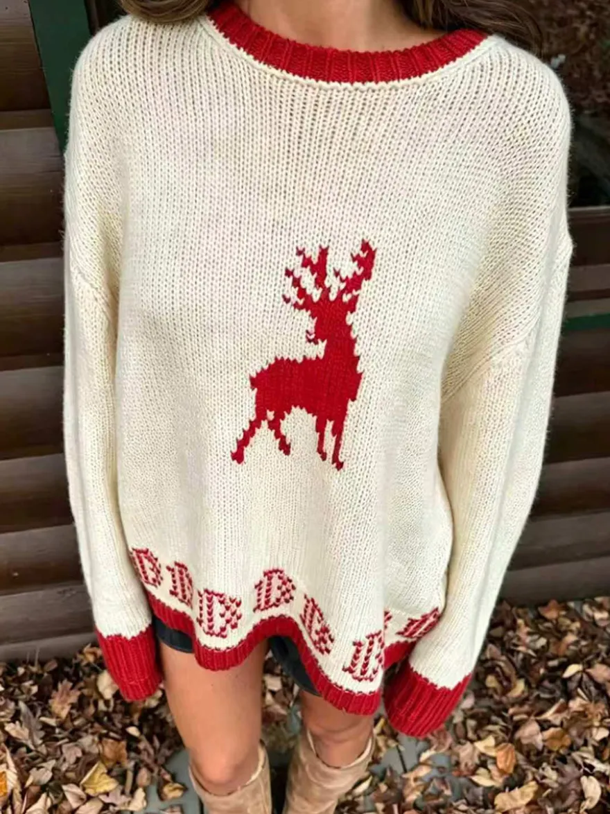 Pull en maille à motif renne pour femme col rond poignets bicolores manches longues coupe ample idéal pour Noël