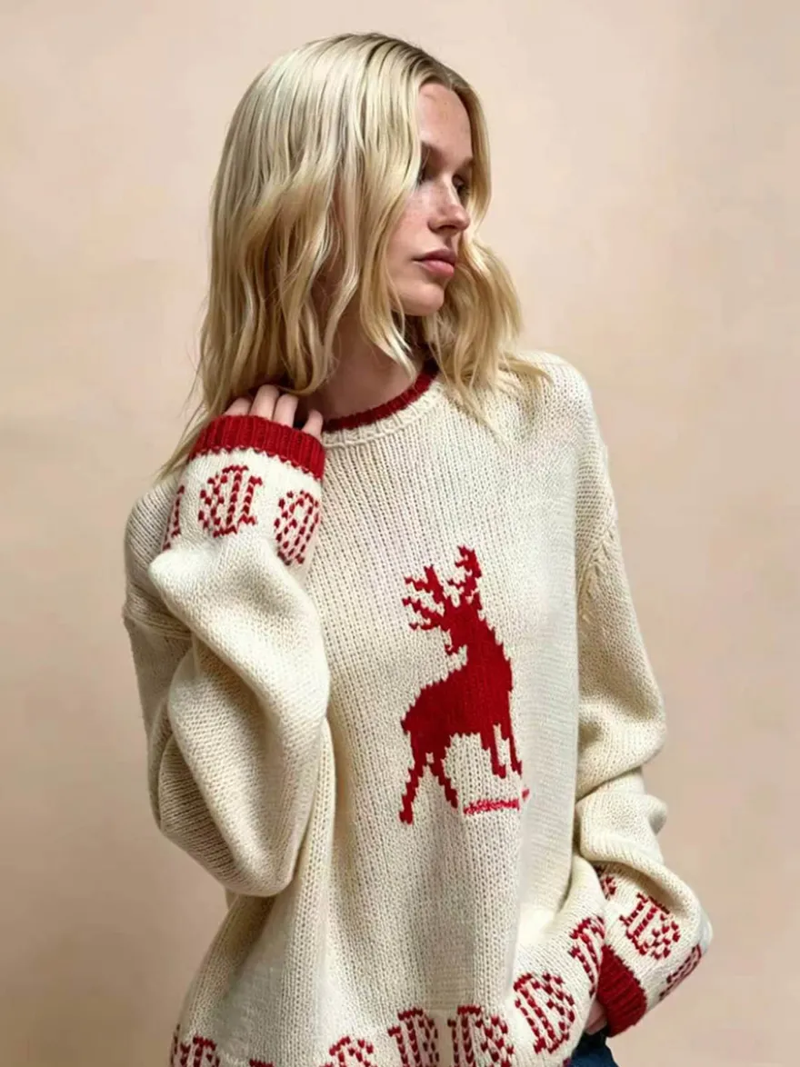 Pull en maille à motif renne pour femme col rond poignets bicolores manches longues coupe ample idéal pour Noël