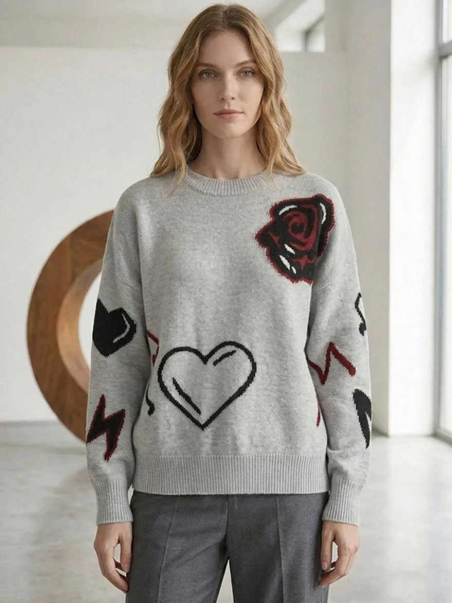 Pull-over oversize à col rond en maille jacquard rose cœur à manches longues