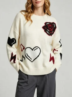 Pull-over oversize à col rond en maille jacquard rose cœur à manches longues