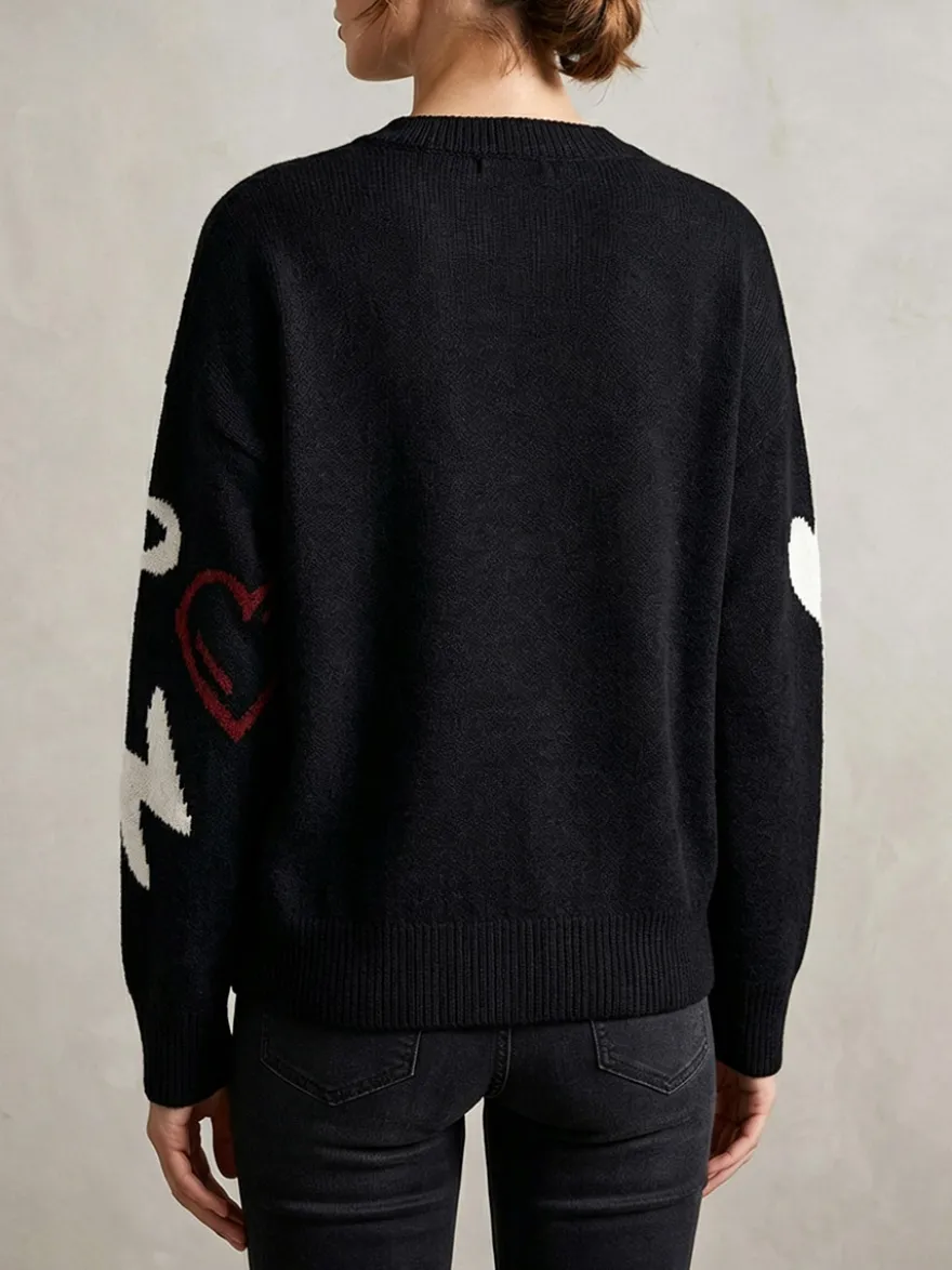 Pull-over oversize à col rond en maille jacquard rose cœur à manches longues