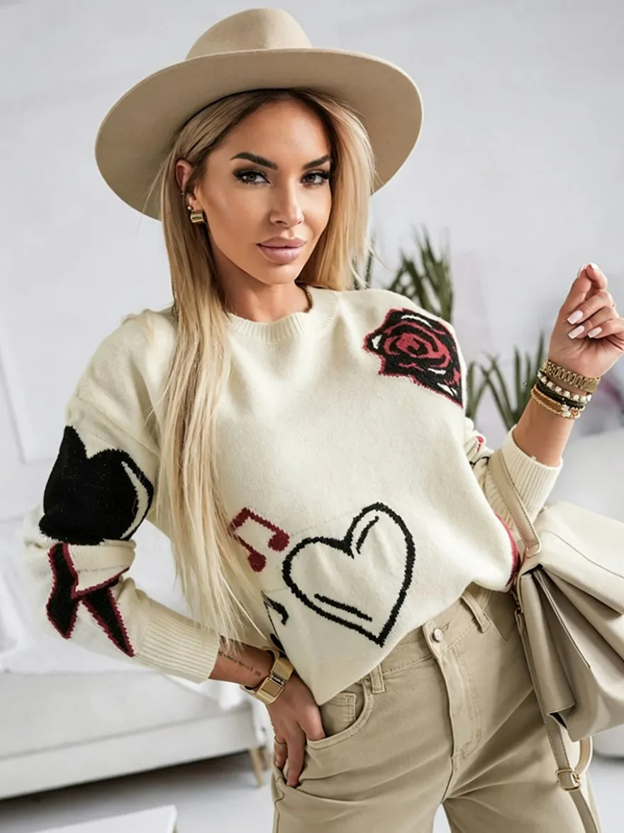 Pull-over oversize à col rond en maille jacquard rose cœur à manches longues