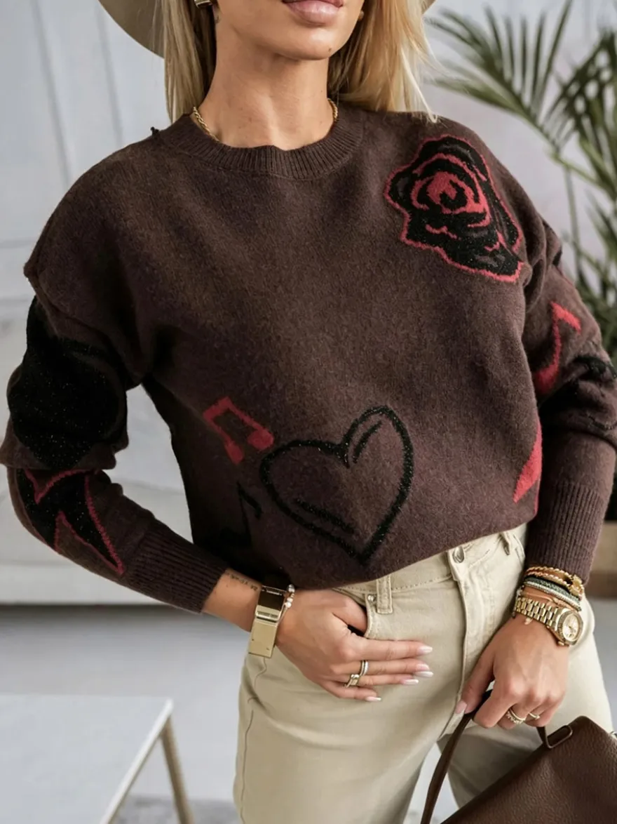 Pull-over oversize à col rond en maille jacquard rose cœur à manches longues