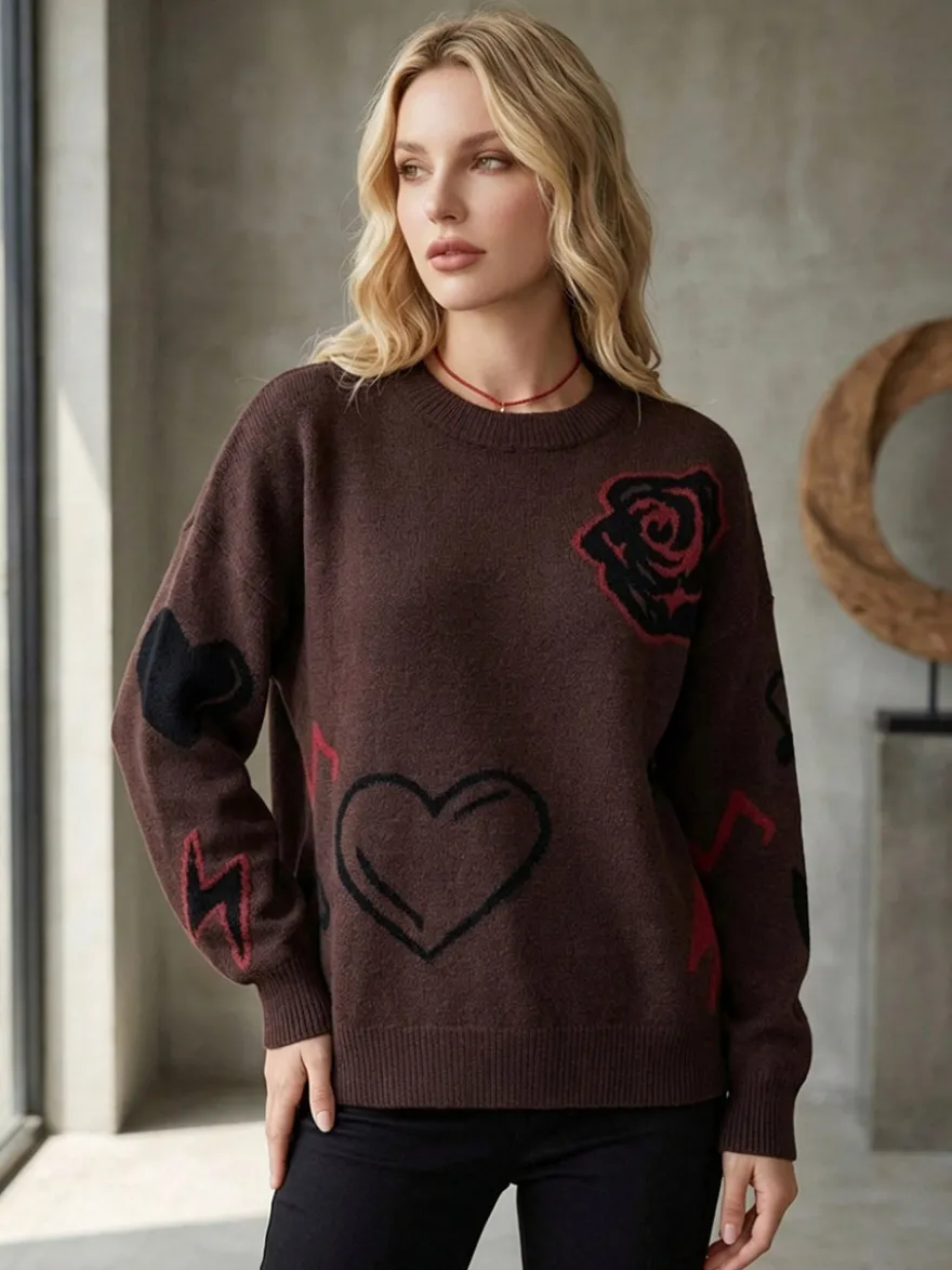 Pull-over oversize à col rond en maille jacquard rose cœur à manches longues