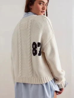 Pull oversize en maille torsadée pour femme imprimé chiffres court haut décontracté