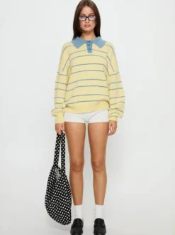 Pull rayé à col color block pour femme manches longues et épaules tombantes col polo