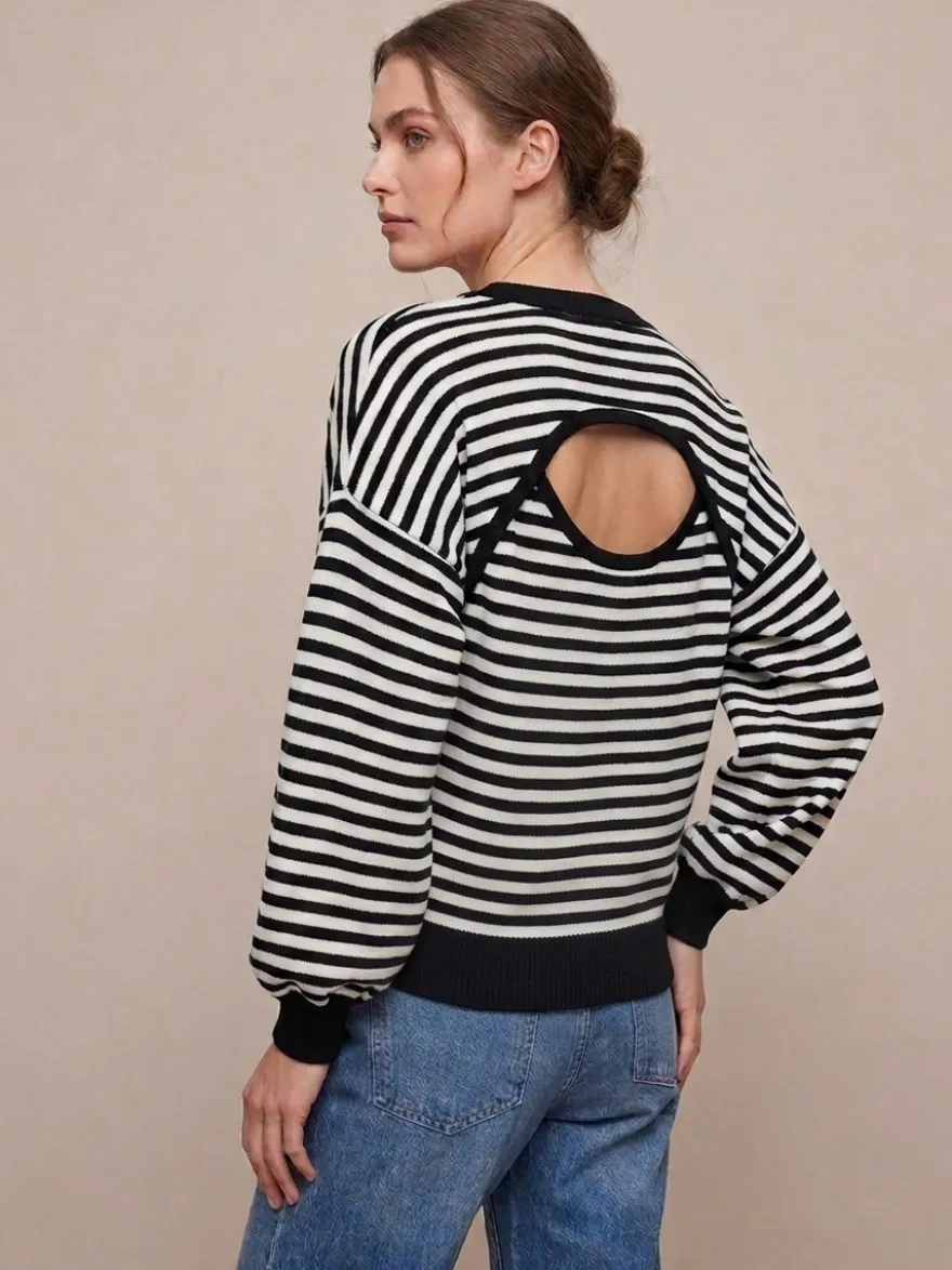 Pull rayé à col rond dos nu manches longues et épaules tombantes coupe ample et décontractée pour femme