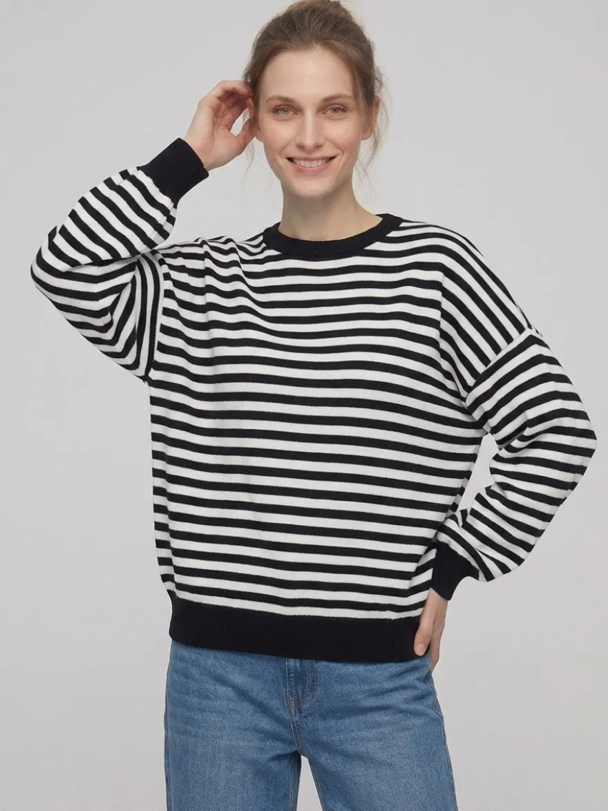 Pull rayé à col rond dos nu manches longues et épaules tombantes coupe ample et décontractée pour femme