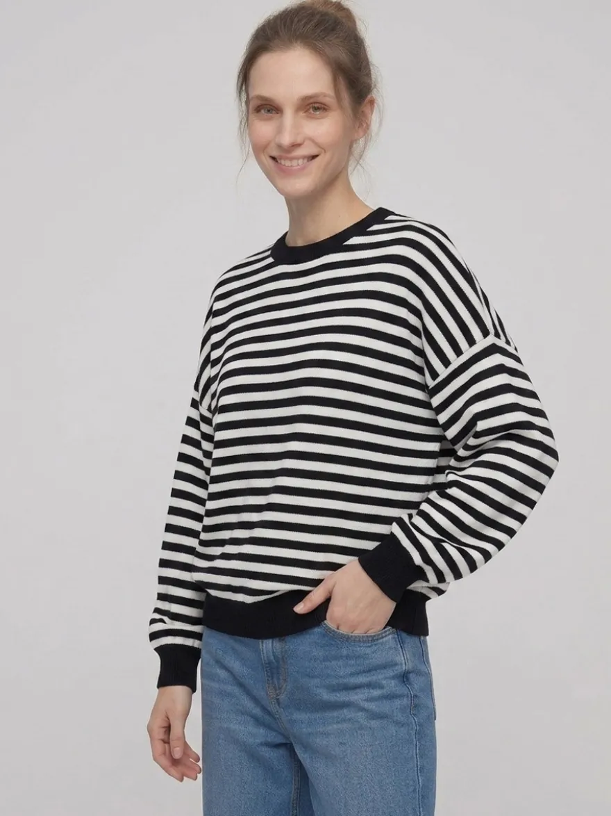 Pull rayé à col rond dos nu manches longues et épaules tombantes coupe ample et décontractée pour femme