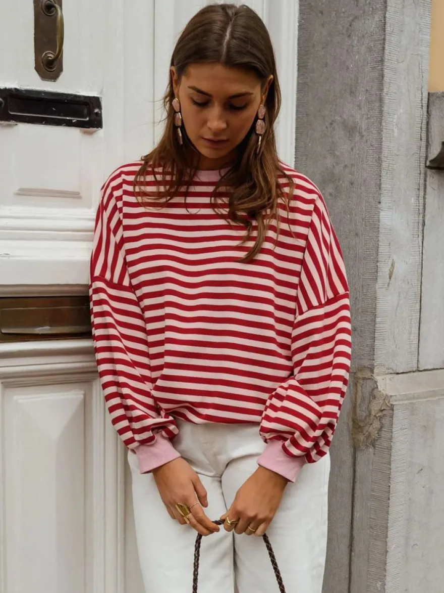 Pull rayé à col rond dos nu manches longues et épaules tombantes coupe ample et décontractée pour femme