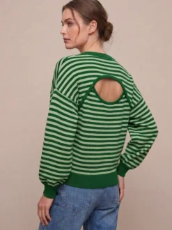 Pull rayé à col rond dos nu manches longues et épaules tombantes coupe ample et décontractée pour femme