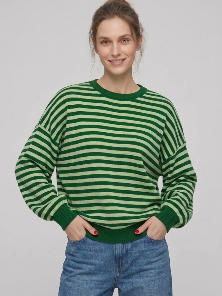 Pull rayé à col rond dos nu manches longues et épaules tombantes coupe ample et décontractée pour femme