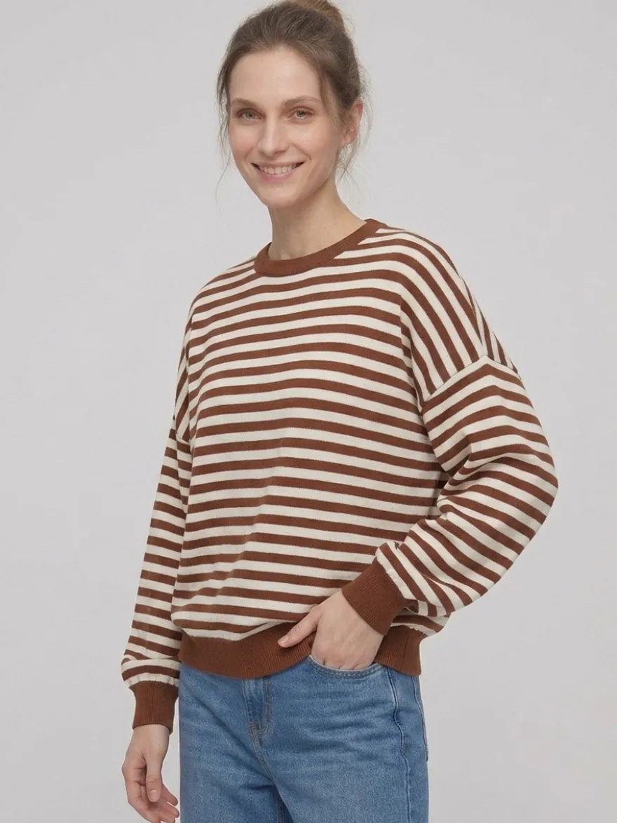 Pull rayé à col rond dos nu manches longues et épaules tombantes coupe ample et décontractée pour femme