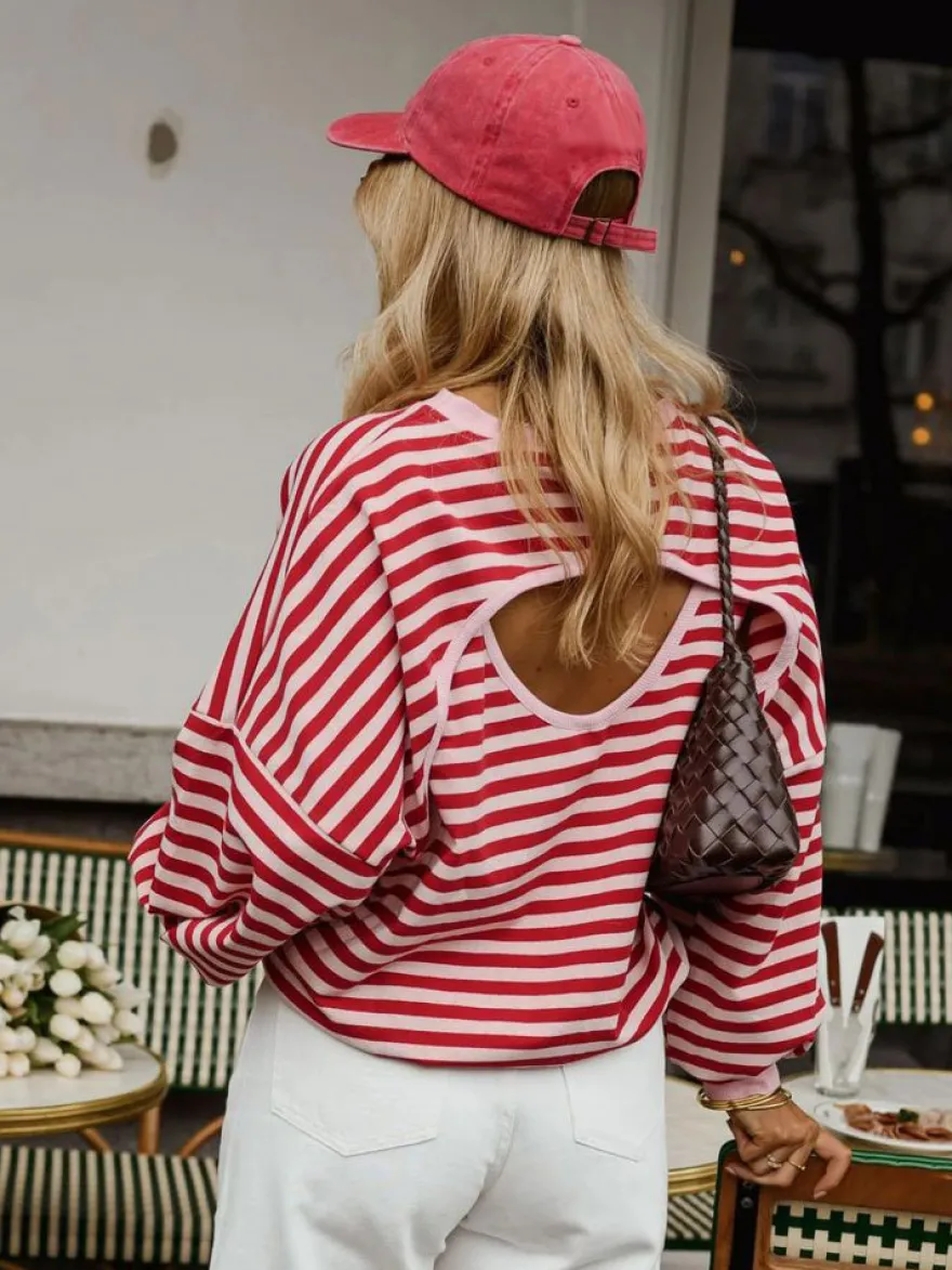 Pull rayé à col rond dos nu manches longues et épaules tombantes coupe ample et décontractée pour femme