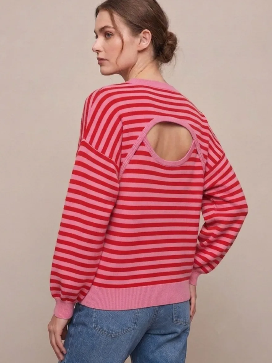 Pull rayé à col rond dos nu manches longues et épaules tombantes coupe ample et décontractée pour femme