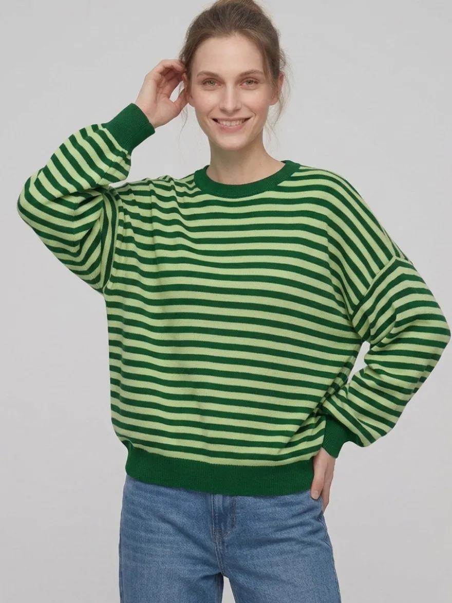 Pull rayé à col rond dos nu manches longues et épaules tombantes coupe ample et décontractée pour femme