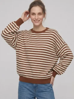 Pull rayé à col rond dos nu manches longues et épaules tombantes coupe ample et décontractée pour femme