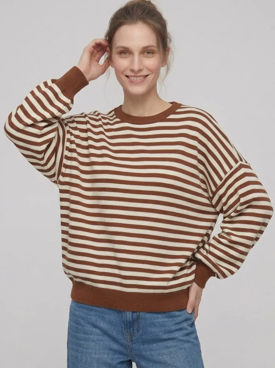 Pull rayé à col rond dos nu manches longues et épaules tombantes coupe ample et décontractée pour femme