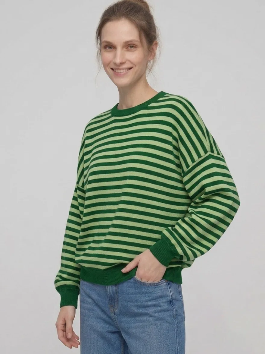 Pull rayé à col rond dos nu manches longues et épaules tombantes coupe ample et décontractée pour femme