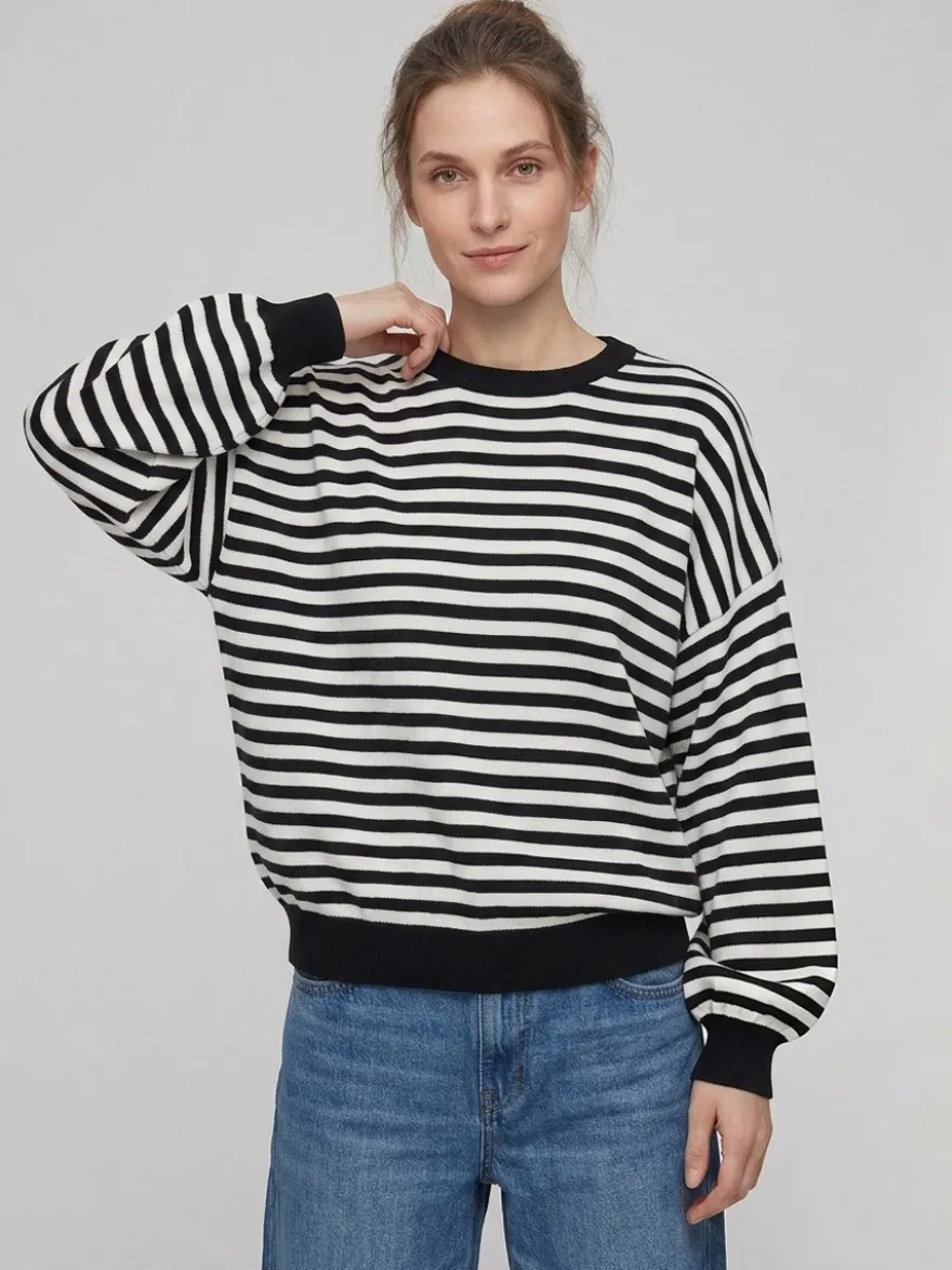 Pull rayé à col rond dos nu manches longues et épaules tombantes coupe ample et décontractée pour femme