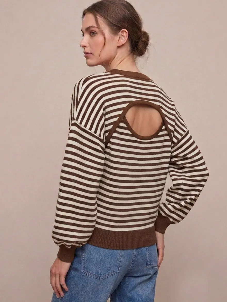 Pull rayé à col rond dos nu manches longues et épaules tombantes coupe ample et décontractée pour femme