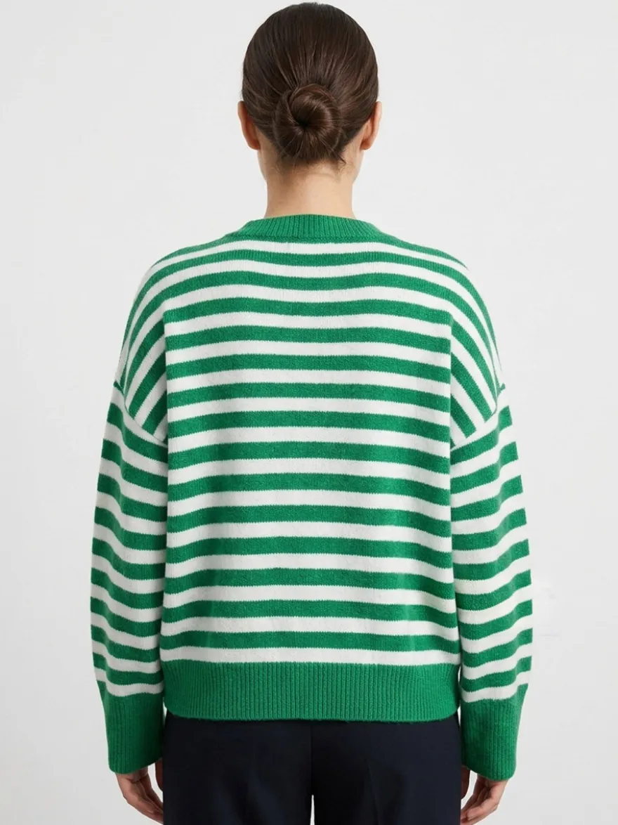 Pull rayé à col rond en maille manches longues amples style décontracté pour femme.