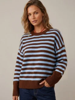Pull rayé à col rond en maille manches longues amples style décontracté pour femme.
