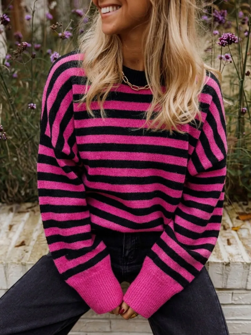 Pull rayé à col rond en maille manches longues amples style décontracté pour femme.