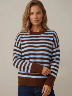 Pull rayé à col rond en maille manches longues amples style décontracté pour femme.