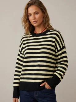 Pull rayé à col rond en maille manches longues amples style décontracté pour femme.