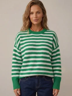 Pull rayé à col rond en maille manches longues amples style décontracté pour femme.