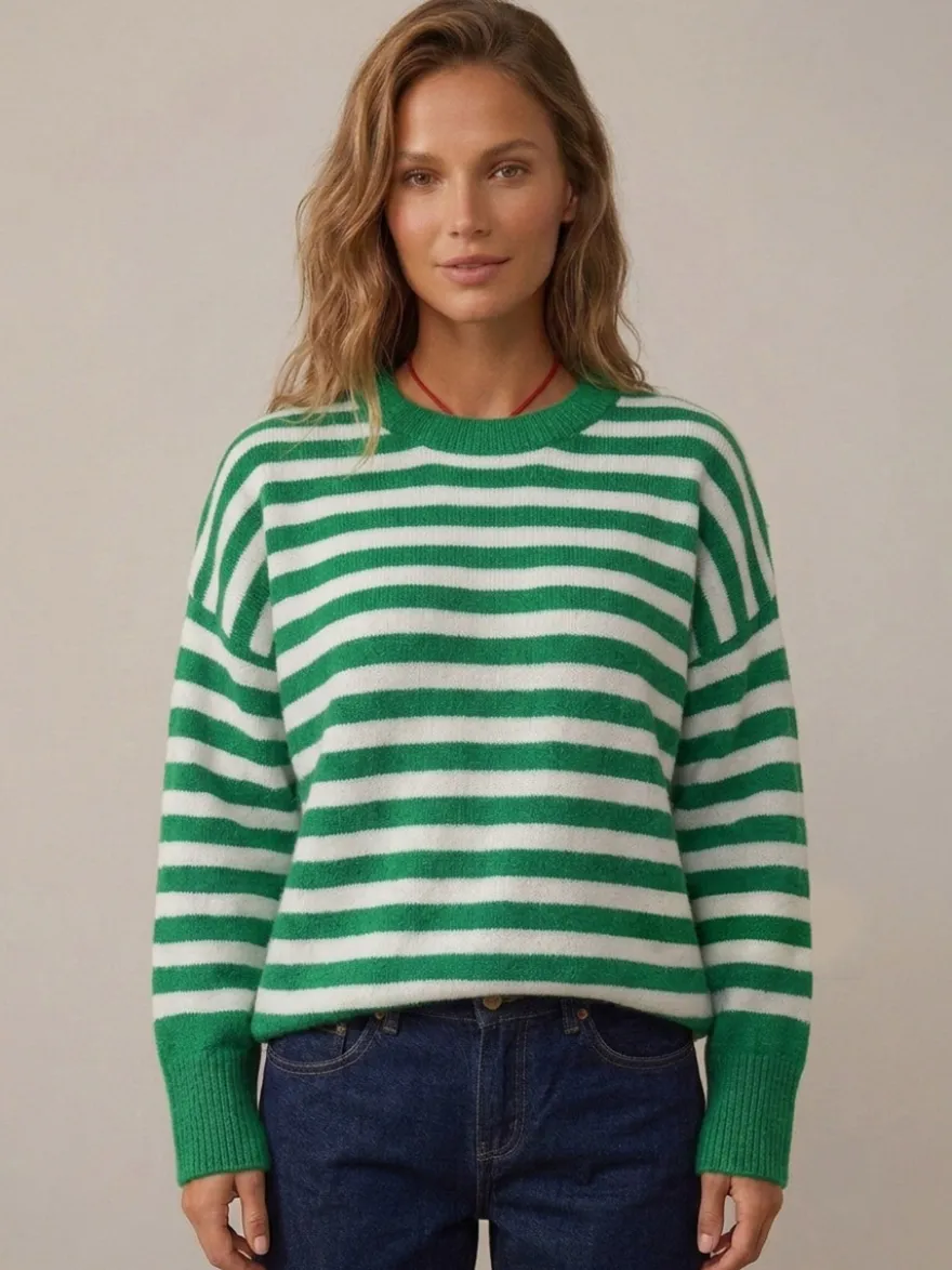 Pull rayé à col rond en maille manches longues amples style décontracté pour femme.