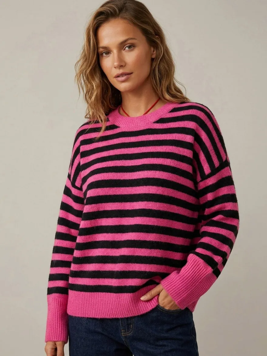 Pull rayé à col rond en maille manches longues amples style décontracté pour femme.