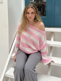 Pull rayé à épaules dénudées en maille coupe ample manches longues style décontracté pour femme haut oversize en maille douce
