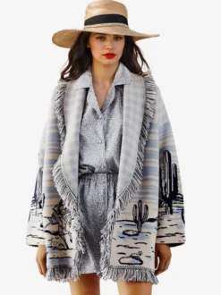 Pulls Cardigans Noire Imprimé Franges Manches Longues Col Rabattu Oversize