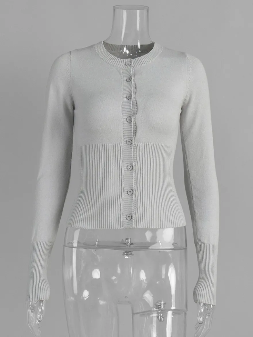 Pulls et gilets violet foncé en polyester à boutons manches longues et col rond