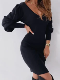 Pulls Robes en Mailles Femmes Hiver à Col en V et Dos nu avec Dentelle Silhouette avec Manche de landerne