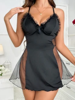Pyjama noir transparent à volants chic pour nuit de sommeil nuisettes chemises