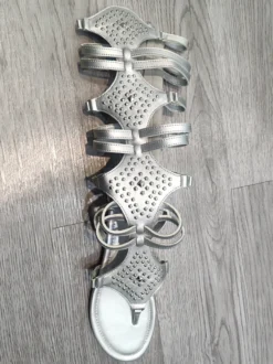 Rivets Pour Femmes Bout Rond Sandales Spartiates Plates Argenté Cuir PU