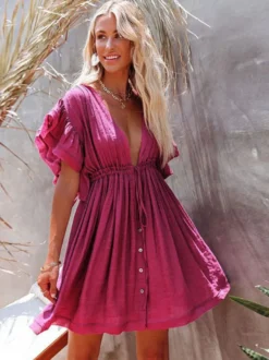 Robe babydoll mini bohème chic pour femme - Manches à volants col en V boutons sur le devant - Collection été plage 2026