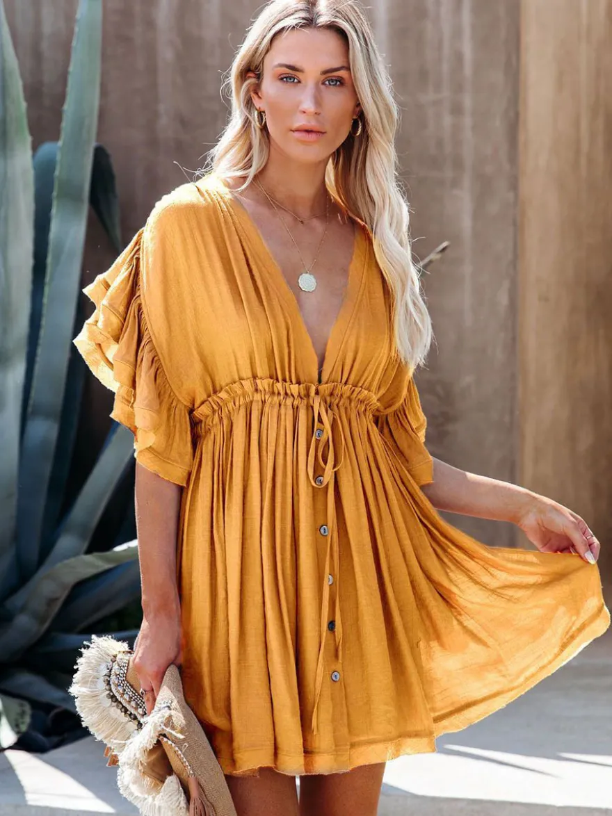 Robe babydoll mini bohème chic pour femme - Manches à volants col en V boutons sur le devant - Collection été plage 2026