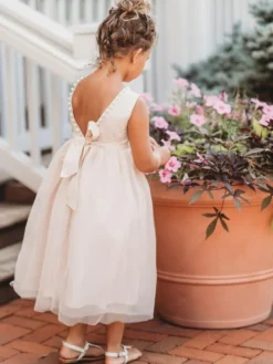 Robe baptême bébé fille champagne tissu de satin col rond jupe en tulle robe fille de cérémonie