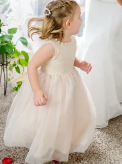 Robe baptême bébé fille champagne tissu de satin col rond jupe en tulle robe fille de cérémonie